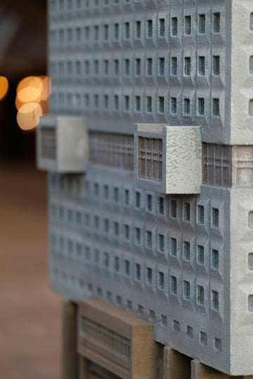 Close-up of a detailed architectural model building facade.